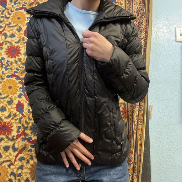 Kenneth Cole Black Shiny Fitted Down Puffer Coat Jacket Womens Small - Picture 2 of 8